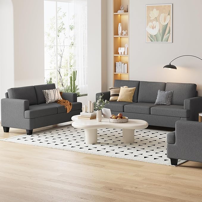 Furnimart Modern 3 Seater Couch and Loveseat Sets Couches Set of 2 for Living Room Deep Seat Sectional Sofa and Love Seat Set Dark Grey