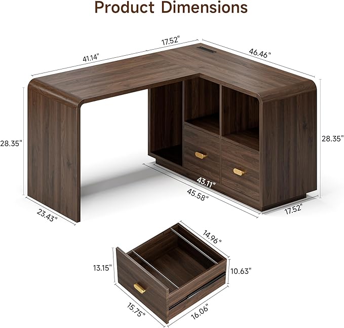 ONBRILL 58 Executive L Shaped Desk Home Office Desk with File Drawers Computer Desk with Power Outlets and Storage Shelves Corner Computer for Home Office (Walnut)