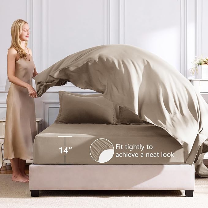 CozyLux Queen Comforter Set Khaki - Bed in a Bag Queen Size 7 Pieces Luxury Soft Bed Set for All Seasons Bedding Set with Down Alternative Comforter Sheets Pillowcases &amp Shams