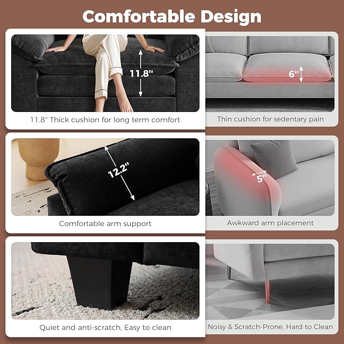HUSFU 154 Cloud Couch Modular Sectional Sofa with Ottoman 4-Seat Modern Chenille Upholstered U-Shaped Deep Seat Sofa Couch for Living Room Bedroom and Apartment Black