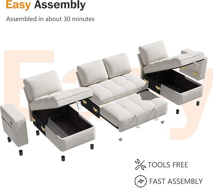 Sunny Heart Modular Sectional Sleeper Sofa with Pull Out Bed Chenille U Shaped Sectional Sofa with USB Ports/Adjustable Backrest/2 Storage Seats Tool-Free Assembly Couches for Living Room Beige