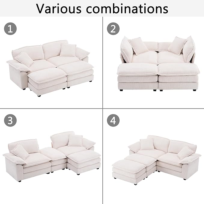 84.6” Corduroy Loveseat with Ottoman Oversized Double Chaise Lounge Chair Indoor Deep Seat Two Seater Couch Cloud Couch Modular Sectional Sofa for Living Room(Corduroy White)