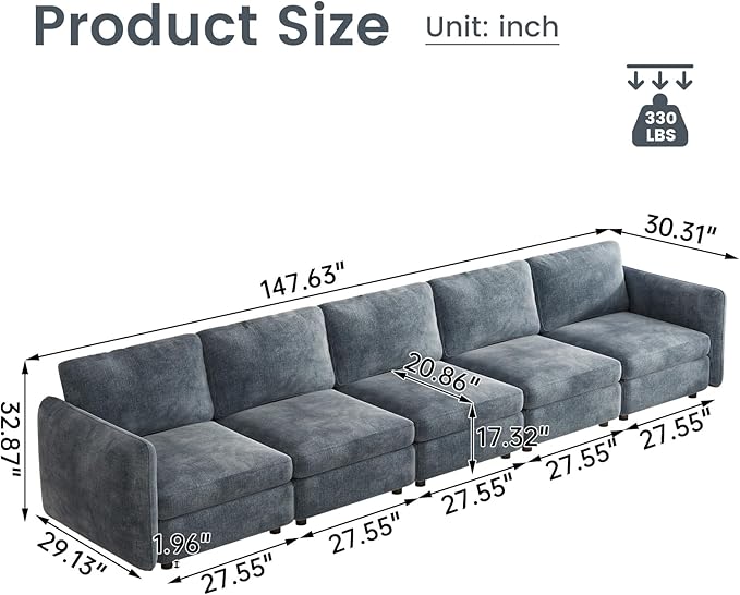 Guyii 5 Seats Modern Straight Couch Modular Sectional Sofa 5 Seater Deep Seat Sofa for Living Room Bedroom Apartment Office Blue