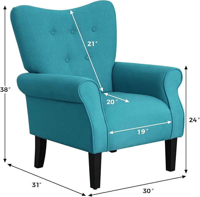 MELLCOM Mid Century Wingback Arm ChairModern Upholstered Fabric High Back Accent Chair with Wood LegsUpholstered Single Sofa Club Chair for Living Room Bedroom Home Office Teal