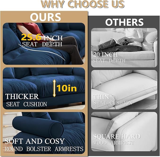 166 Large Sectional Couches for Living Room Cloud Modern Modular Deep Seat Sofa Set Comfy Couches Velvet Fluffy 4 Seater Sofa Set for Bedroom Apartment Blue