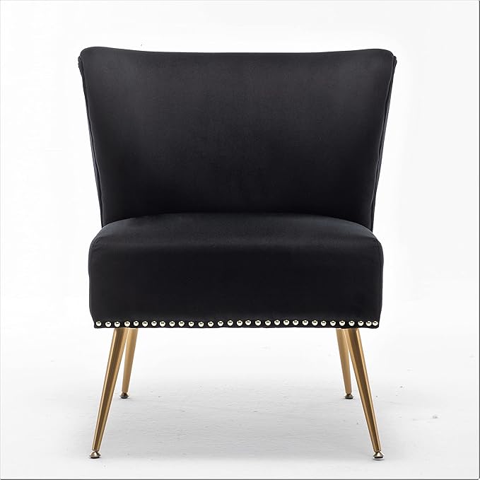 Thia Armless Velvet Accent Chair for Living Room Elegant Seat with Nailhead Trim Gold Metal Legs and Comfortable Curved Back 28 D x 25 W x 29.5 H Black
