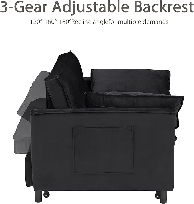 55 Sleeper Loveseat3 in 1 Sofa BedPull Out Couch Bed with 2 Pillows and Side PocketsVelvet Convertible Bed for Small Spaces Living Room (Black)