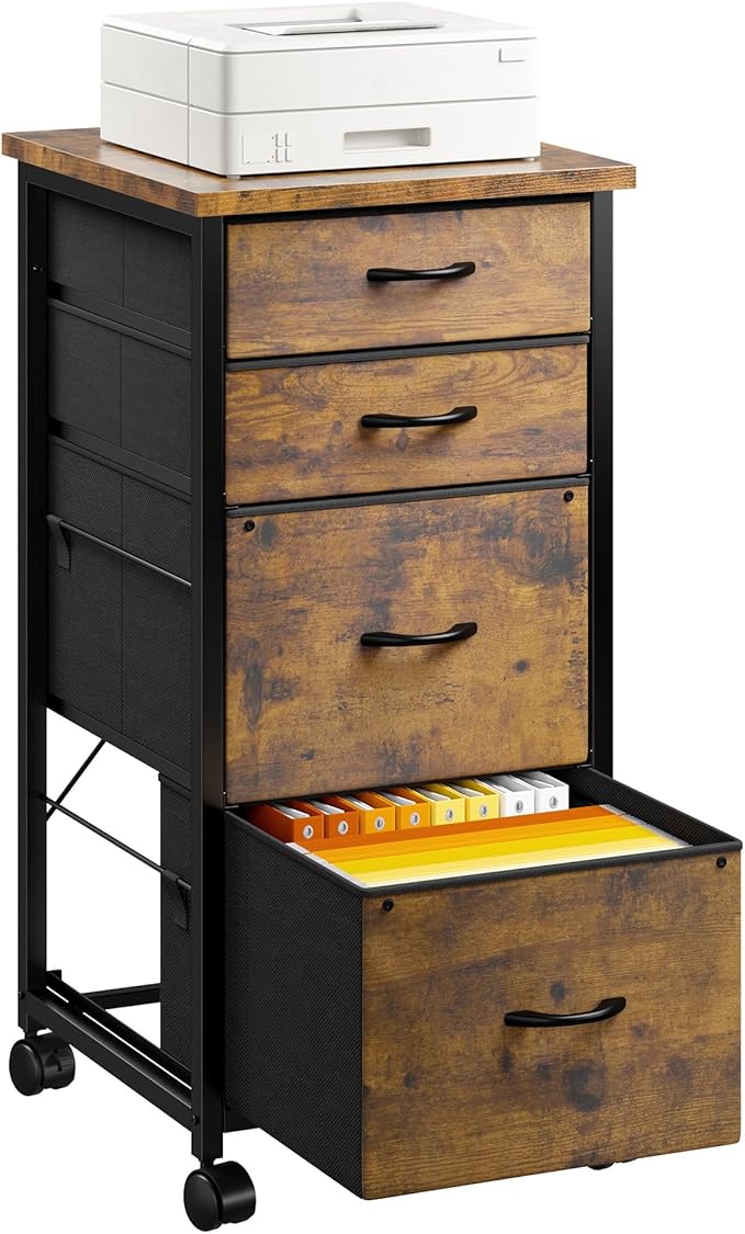 4 Drawers Mobile File Cabinet Vertical Filing Cabinet with Fabric Drawer Fits A4/Letter Size Printer Stand for Home OfficeRustic Brown