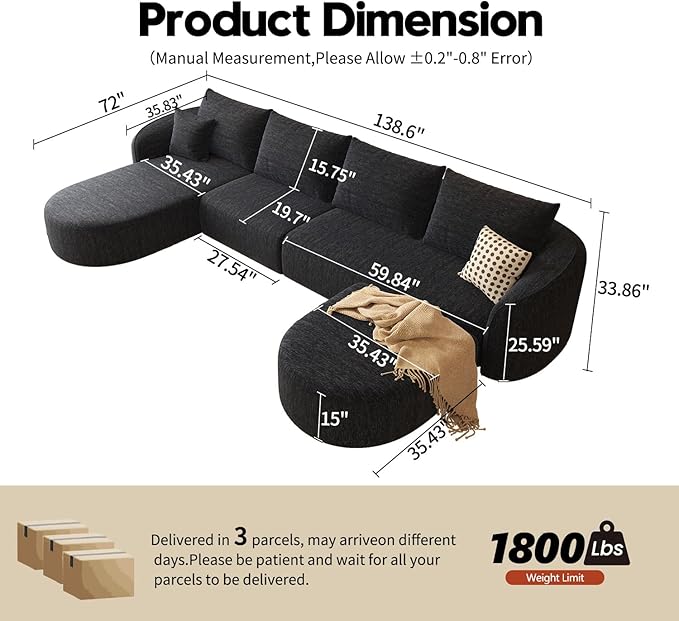 138.6 U Shaped Modern Modular Sectional Curved Back Sofa with Ottoman Minimalist Style Comfy Cloud Couch for Living Room Apartment No Assembly Required Boneless Couches (BlackLeft Facing Chaise)