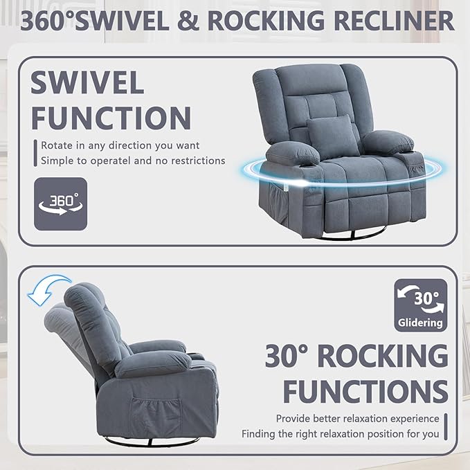 Oversized Swivel Rocker Recliner with Throw Pillow for Adult Kneading Massage Recliners Chair with Heat | USB | Cup Holders Gray Nursery Recliner Chair for Living Room Bedroom (Normal Blue)