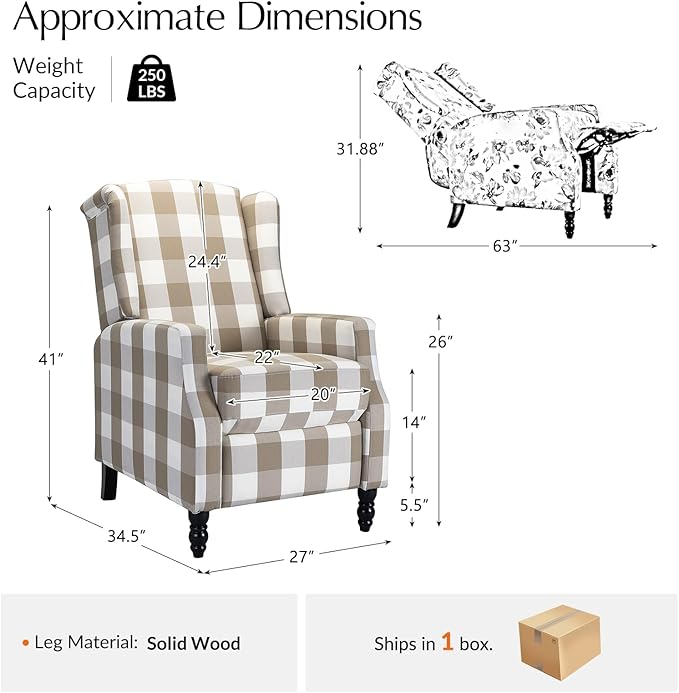 Mid Century Modern Wingback Recliner Chair Upholstered Push Back Recliner Sofa Lounge Armchair for Living Room Home Theater Accent Chairs Recliners Couches