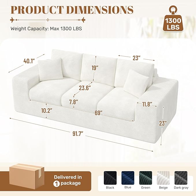 91.7 Boneless Sofa Couch with Layered Cushion3 Seater Cloud Couch with Deep SeatUpholstered Corduroy Floor Sofa with Removable Cover &ampThrow Pillows for Living RoomNo Assembly Beige
