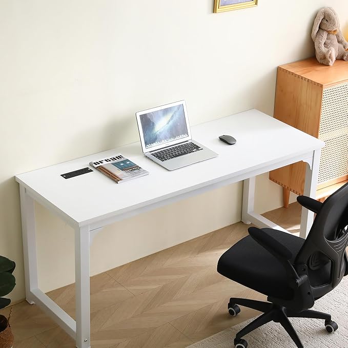Large Computer Desk - 63 Inch Home Office Desks Study Student Writing Table Gaming Desk Wood Modern Simple Table with USB Ports White