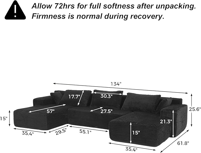 FUFU&ampGAGA 134” U Shaped Sectional Couch for Living Room Corduroy Cloud Sofa with Pillows Modern Boneless Sofa Couch with Chaise No Assembly Required Black 134”W x 61.8”D x 25.6”H