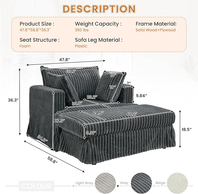 Oversized Chaise Longue IndoorComfy Upholstered Tufted Corduroy Single Sofa Couch Leisure Chair with 3 PillowDeep Seat Reclining Sleeper Sofa Chair for Living RoomBedroomOffice (Dark Gray)