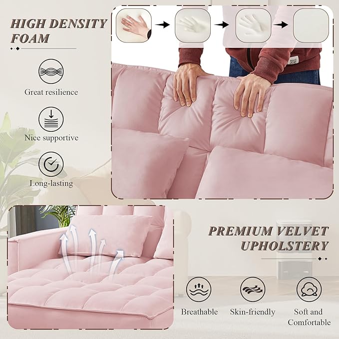 3 in 1 Convertible Sleeper Sofa Bed Futon Couches for Living Room with Side Pocket/Adjustable Backrest Velvet Upholstered Pull Out Couch Small Loveseat Sofa Bed for Bedroom Office Small Spaces
