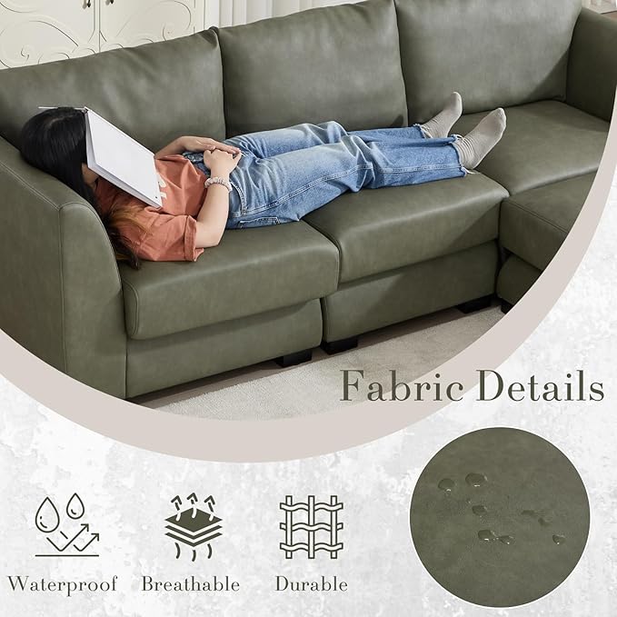HEAH-YO 91 Inch Modular Sectional Sofa 3-Seater Sectional Couch with High Density Foam Comfy Cloud Couch for Living Room PU Green