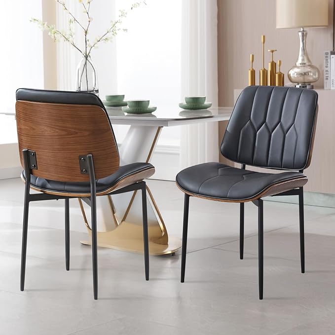 BV Mid Century Modern Dining Chairs Set of 4 Upholstered Pu Leather Armless Accent Chair with Walnut Bentwood Back Retro Kitchen Chair for Dining Room Living Room Kitchen Black