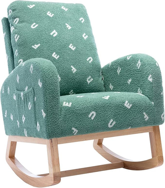 Setawix Teddy Rocking Chair for Nursery Midcentury Modern Accent Rocker Armchair with Side Pocket Upholstered High Back Wooden Rocking Chair for Living Room Baby Room Bedroom (Green Alphabet)