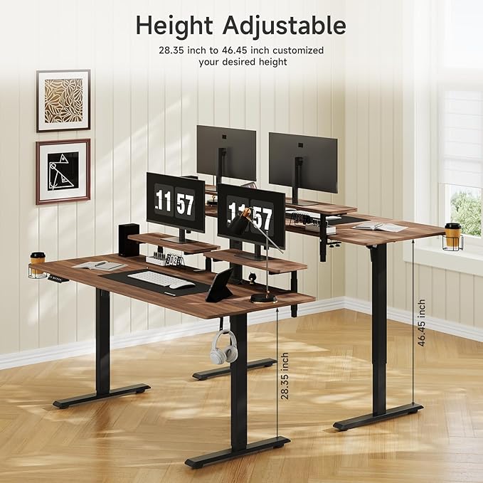 63 x 24 Inches Electric Standing Desk with 2 Monitor Shelves Adjustable Computer Desk from 28-46'' Sit to Stand UpHome Office Desk with Memory Controlller for Workstations Walnut