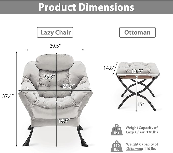 Lazy Chair with Folding Ottoman Accent Chair Velvet Upholstered with Metal Structure and Non-Slip Pads Sofa Armchair with Footrest and Side Storage Bag for Dorm Room Office Light Gray