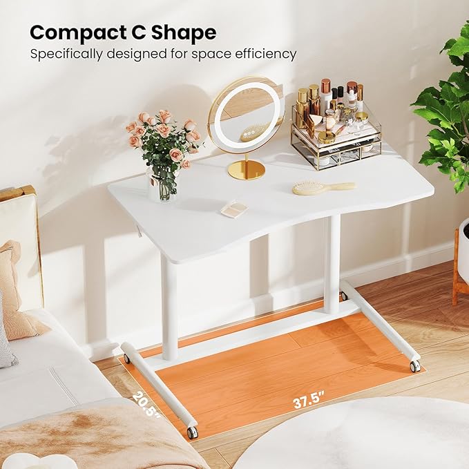 Tangkula Mobile Standing Desk C-Shaped Sit Stand Desk with Adjustable Height Lockable Wheels &amp Metal Frame Rolling Laptop Desk Portable Computer Workstation for Small Space