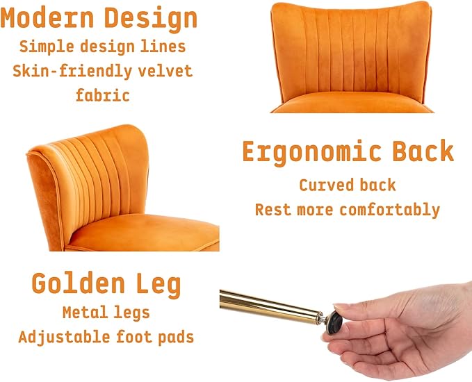 Orange Velvet Accent Chairs Set of 2 with Golden Legs Upholstered Side Chairs Mid-Century Modern Slipper Chairs for Guest Room Comfy Armless Wingback Corner Single Sofa Living Room Chairs