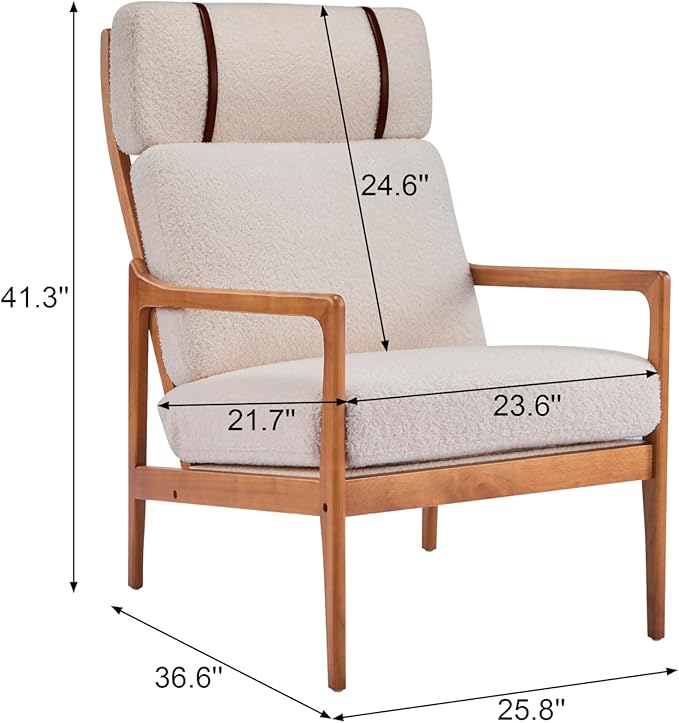 Merax Mid Century Modern Accent Chair High Back Armchair with Light Gray Upholstered Cushions and Solid Wood Frame Ergonomic Lounge Chair for Living Room/Bedroom/Reading Nook