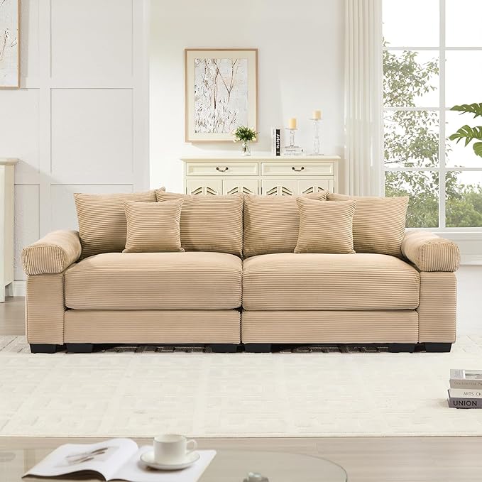 92 Corduroy Sectional Couches for Living Room Camel Comfy Oversized Sectional Sofa Set with Deep Seat Large Love Seat Couches Sofas para Sala Loveseat Couch with Chaise Lounge