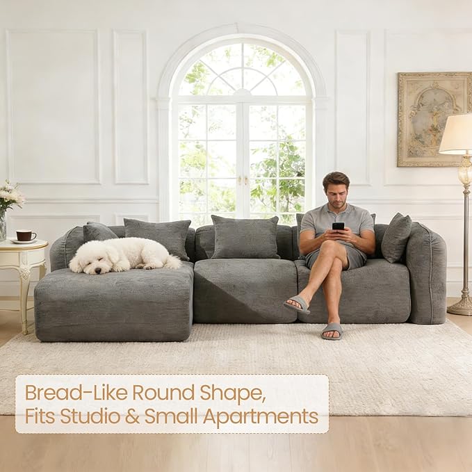 117’’ Chenille Fabric Boneless Couches for Living RoomModular Sectional Cloud Sofa |Fluffy Chenille Deep Seat No-Assembly Memory Foam Comfy Cloud Couch with L-Shaped Chaise (Grey)