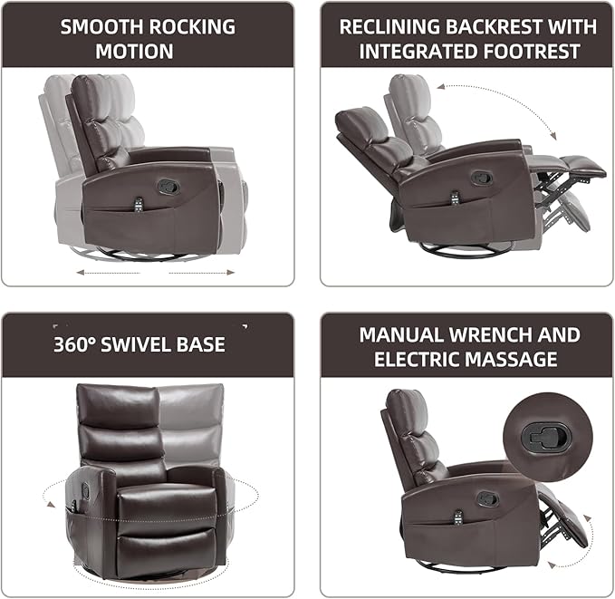 PELUMY 360° Swivel Rocker Recliner with Heat &amp Vibration Massage Glider Rocking Chair for Adults Compact Recliner for Living Room Small Spaces Nursery Bedroom (Breathable Leather Brown)