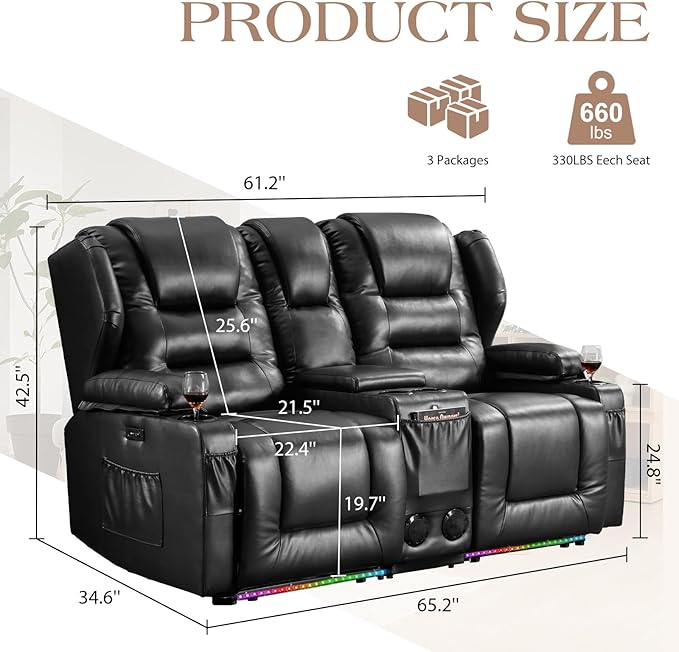 Loveseat Power Recliner Sofa Couch Electric Reclining Sofa Chair for Living Room with Multi-Function Console/Cup Holders/LED Ambient Light