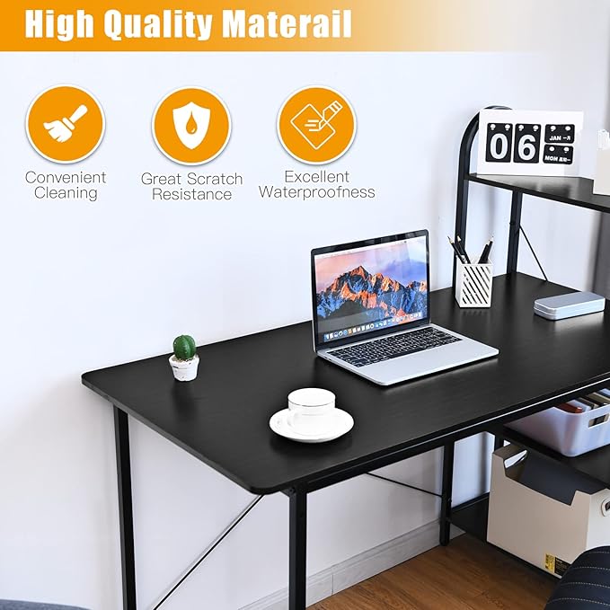 Tangkula 48-Inch Reversible Computer Desk with Storage Shelves Home Office Study Writing Desk with Bookshelves Writing Computer Workstation Home Office Desk (Black)