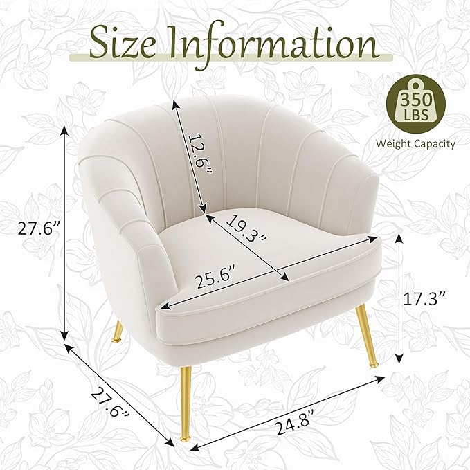 Andeworld Upholstered Velvet Accent ChairVelvet Fabric Club Barrel Chair Morden Living Room Chair for Bedroom/Reading SpacesIvory