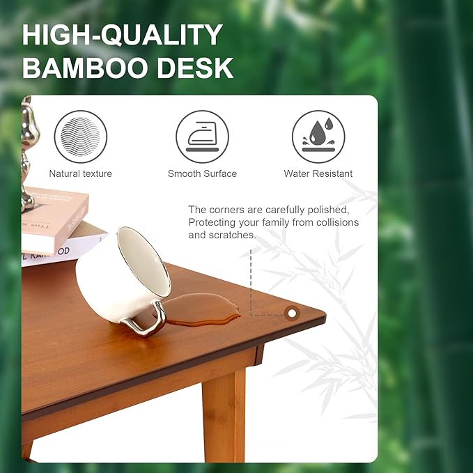 Nnewvante Desk Bamboo Table with 2 Drawers Simple Modern Furniture for Home Office Computer Writing Study Makeup &amp Workstation (46''-Brown)