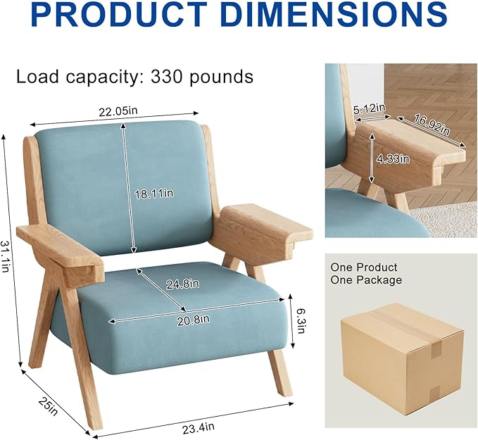 Accent Chair Mid Century Modern Chair Velvet Upholstered Lounge Arm Chair with Solid Wood Cozy Reading Chair for Living Room Bedroom Balcony (Blue Single Chair)