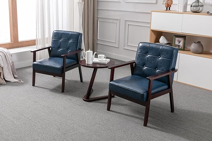 Okeysen Mid Century Modern Accent Chairs Retro Wood and Leather Armchairs Side Chair Lounge Reading Comfy Arm Chair for Living Room Bedroom Office (Blue)