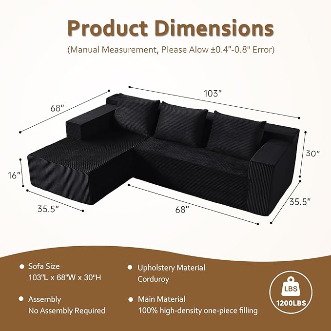 ANONER 103 L-Shaped Sofa Bed Cloud Couch Modular Sectional Corner Sofa with Deep Seat Modern Minimalist Boneless Couch with Chaise Free Combination Couches for Apartment (Black)