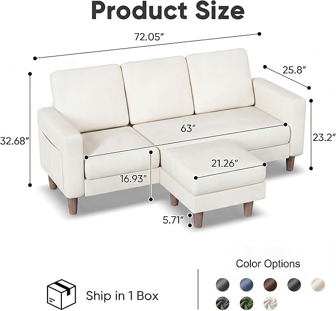 Homall 3 Seat Couch L Shape Sofa with Side Storage Pockage Sectional Couches with Reversible Ottoma Upholstered Sofa for Living Room and Small Spaces (Linen Fabric Cream)