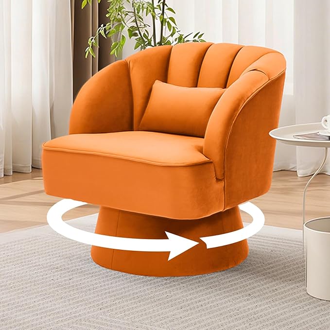 Mid Century Modern Swivel Barrel Chair - 360° Swivel Accent Chair with Plush Velvet Upholstery &amp Wide Cushioned Seat Round Lounge Sofa Chair for Living Room Bedroom Office (Orange 1 PCS)