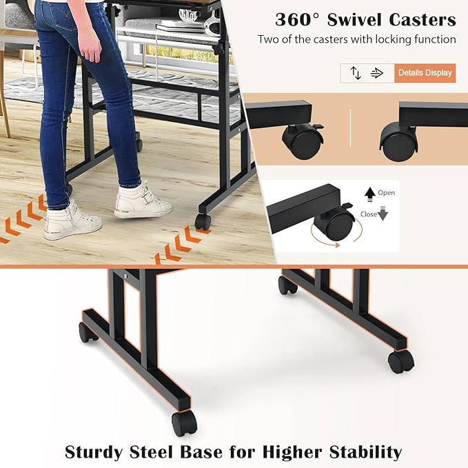 Tangkula Mobile Stand Up Desk Height Adjustable Home Office Desk with Standing &amp Seating 2 Modes Tilting Tabletop &amp Flexible Wheels Rolling Laptop Cart Sit Stand Desk (Walnut)