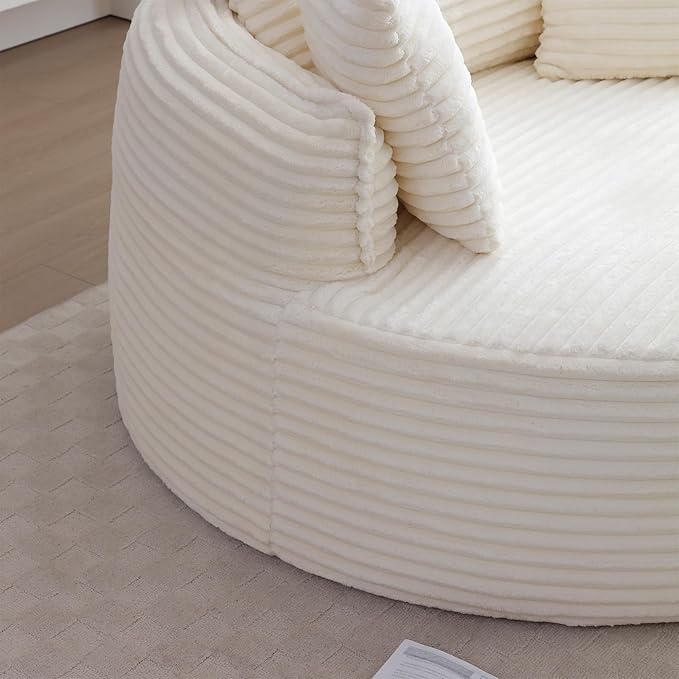 53-inch Boneless Round Chair Circle Corduroy Memory Foam Upholstered Chaise Lounge Indoor Comfy Reading Accent Deep Seat Sofa Chair for Living Room Bedroom Office No Assembly Required Beige