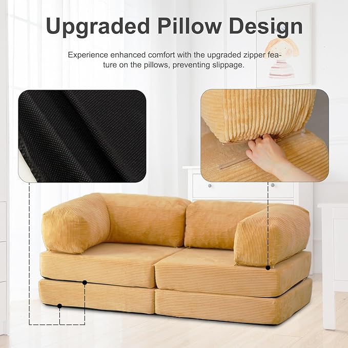 Free Combination Convertible Folding Sofa Bed Armless Foam Floor Sofa Sleeper Floor Couch for Living Room and Bedroom Sleeper Chair with Pillow Twin Size (Beige)