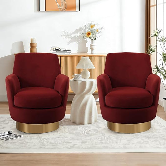 SLEERWAY 360° Swivel Barrel Chair Set of 2 28.3 Modern Velvet Round Accent Chair Comfy Upholstered Small Armchair with Gold Metal Base for Living Room Bedroom Nursery Office Sillas para Sala Red