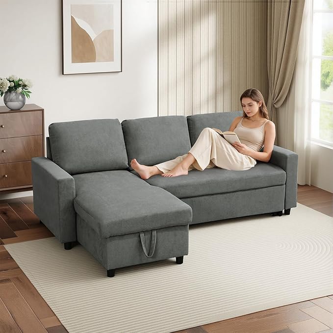 L-Shaped Sleeper Sofa with Chaise Lounge &amp Storage Pull-Out Couch Bed with Recliner Full Size Futon for Living Room Office Apartment Dark Grey