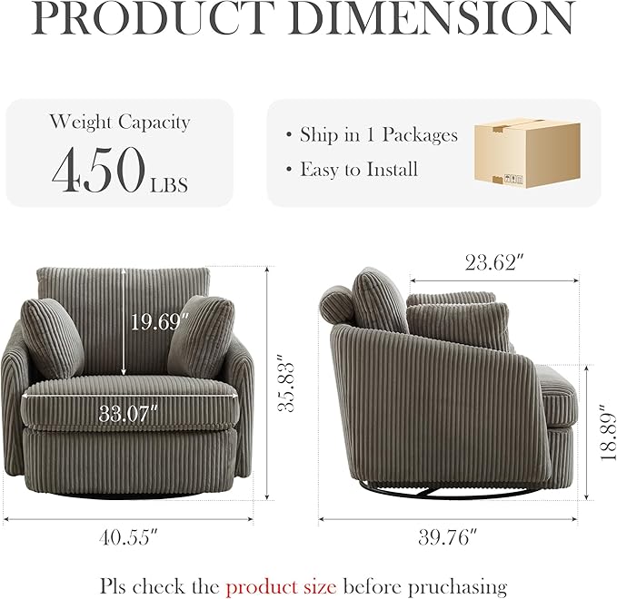 Aoiy &amp Wifon 40.55 W Oversized Swivel Accent Chair Modern Comfy Swivel Armchair for Living Room Corduroy Gray