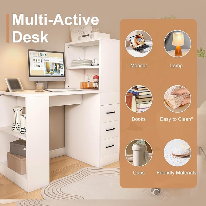 43'' White Modern Computer Desk with 4-in-1 Socket &amp 3 Drawers - Home Office Desk with 4 Shelves Standing Desk for Small Spaces Bedroom Studio - Compact Workstation Easy Assembly White