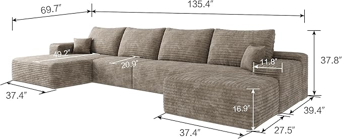 135 U Shaped Boneless Couch with Ottoman Convertible Sleeper Compression Sofa Corduroy Couch Sectional for Living Room Bedroom Deep Seat Foam Cloud Sofas No Assembly Right Facing Chaise Camel
