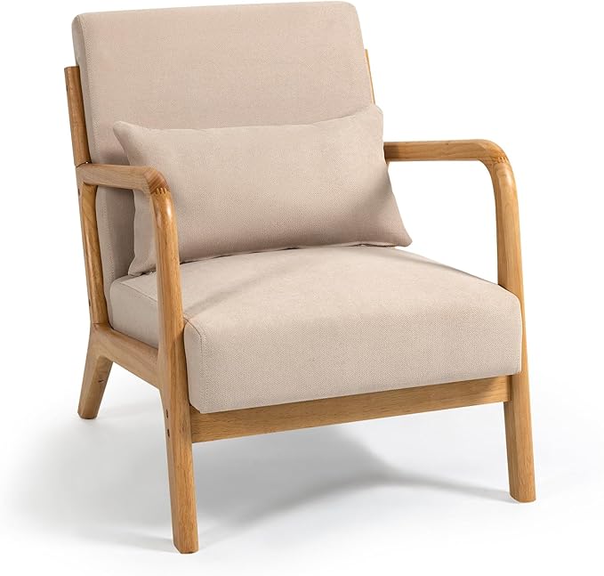 Mid-Century Modern Linen Accent Chair Solid Wood Armrests and Legs Solid &amp Comfortable Seating for Living Room