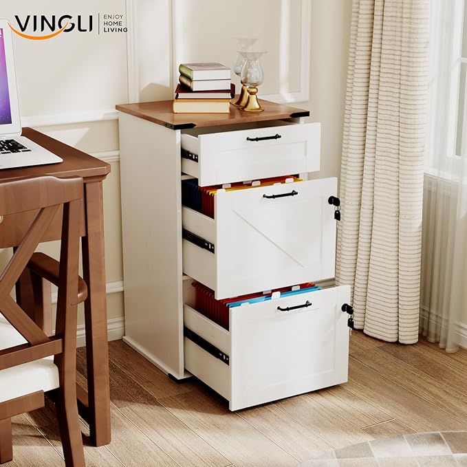 VINGLI 3 Drawer File Cabinet with Lock Home Office Filing Organizer for Letter Size File Folder Storage Modern Farmhouse Style Wood Vertical Filing Cabinet Archivador (Rustic White &amp Brown)